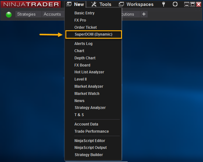 Image showing the menu to Open SuperDOM window in NinjaTrader.