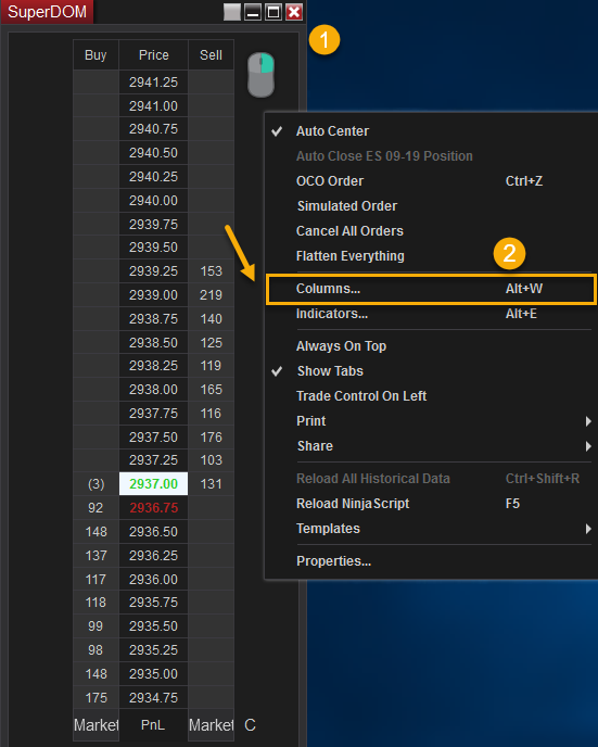 Accessing the Columns window in the SuperDOM of NinjaTrader.