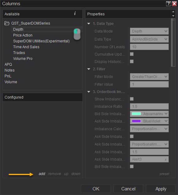 Selecting and adding columns in SuperDOM from NinjaTrader